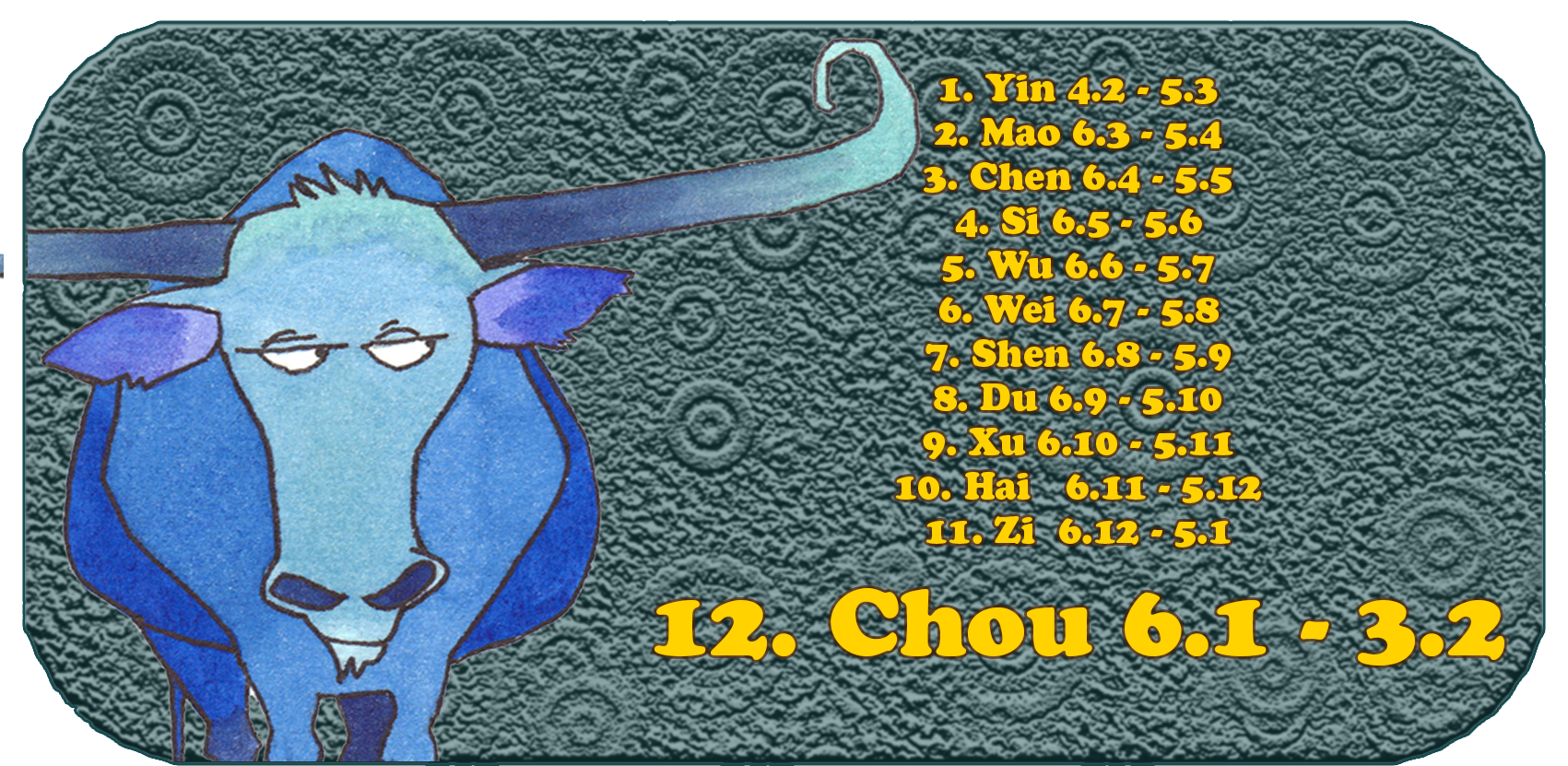 Chinesisches Tierkreiszeichen | Die zwölf chinesischen Tiere | Ochse, Januar, Monat 12, Chou