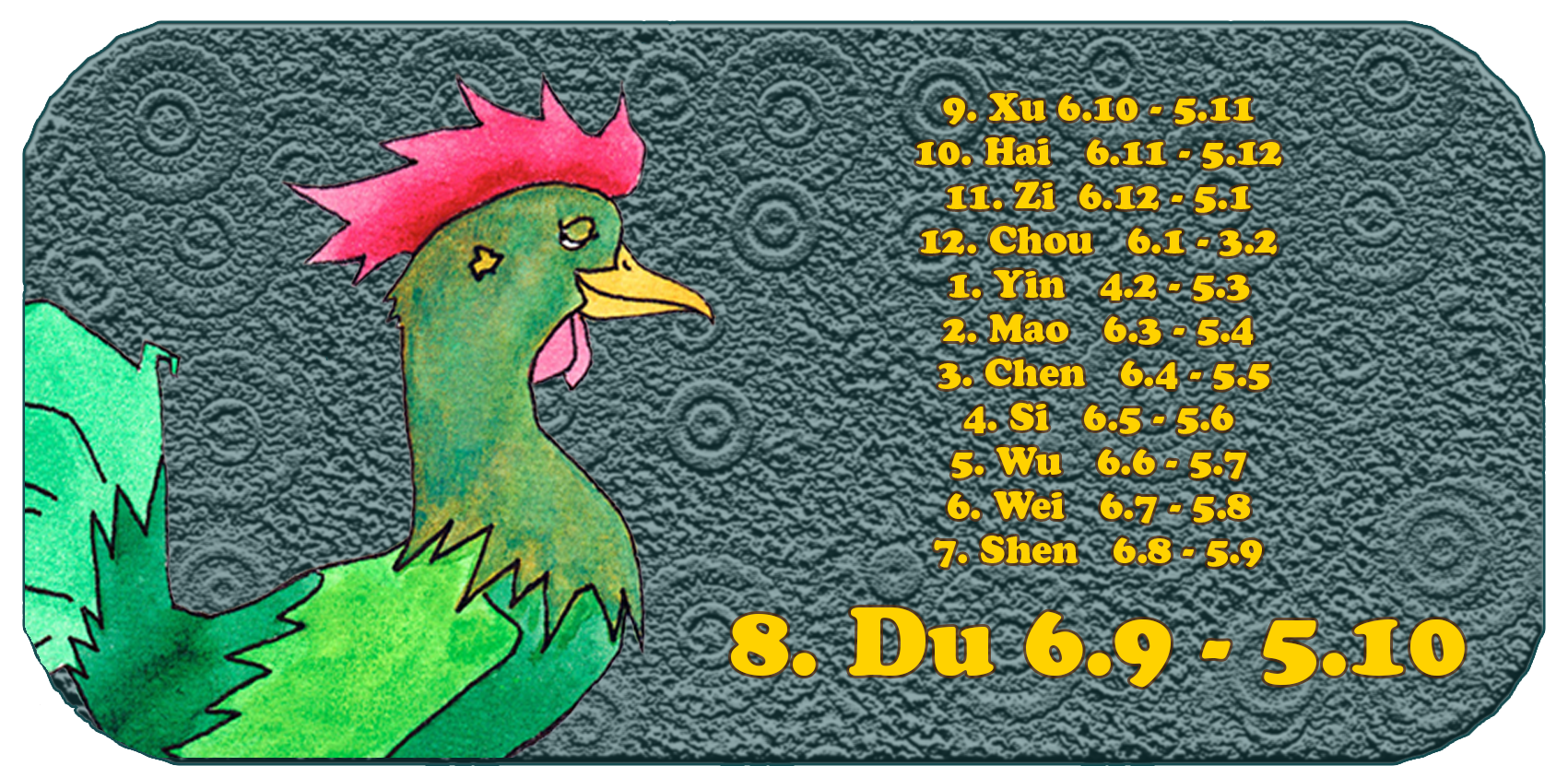 Chinesisches Tierkreiszeichen | Die zwölf chinesischen Tiere | Hahn, Januar, Monat 8 Du